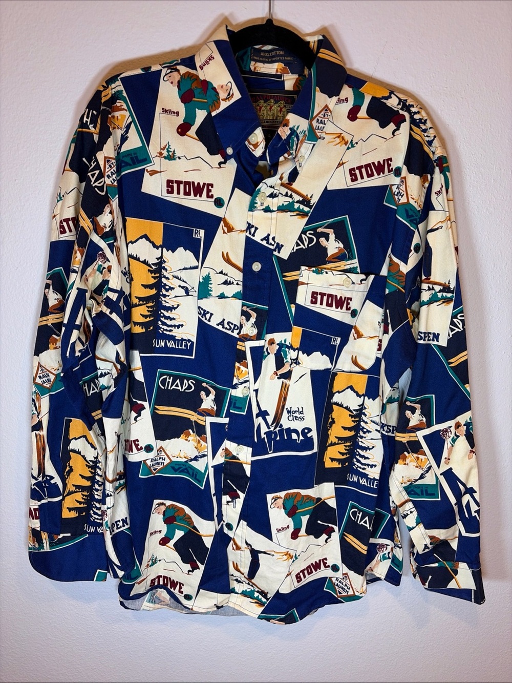 VTG 90s Chaps Ralph Lauren Ski Poster Men L Button Up Shirt USA All Over Print